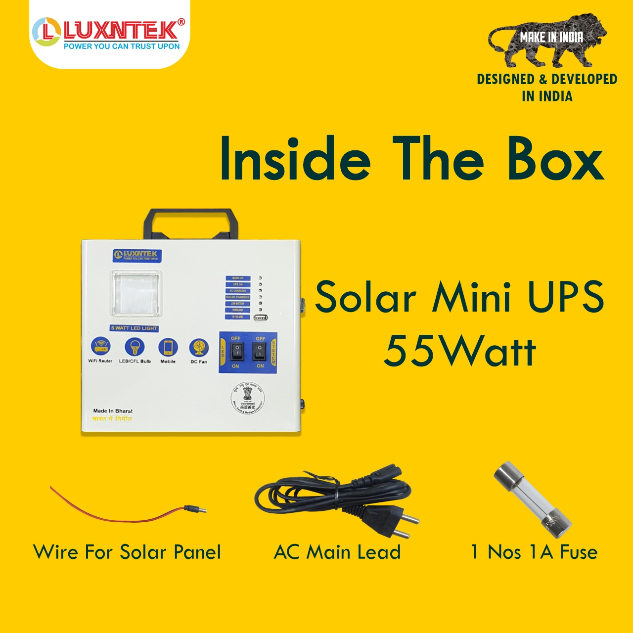Inside box contents of 55W solar mini UPS with cable, charger and accessories