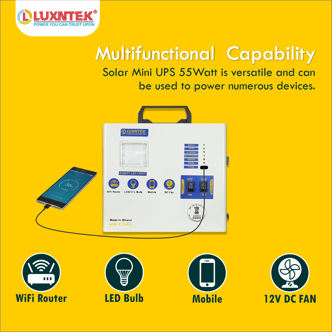 Multifunctional solar mini UPS with WiFi router, LED light and mobile charging support