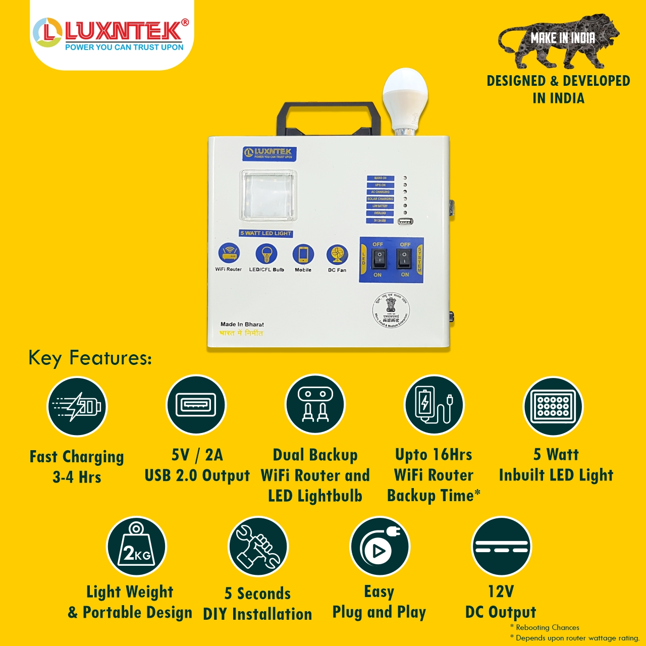 Solar rechargeable UPS side feature overview with lithium battery and DC output ports