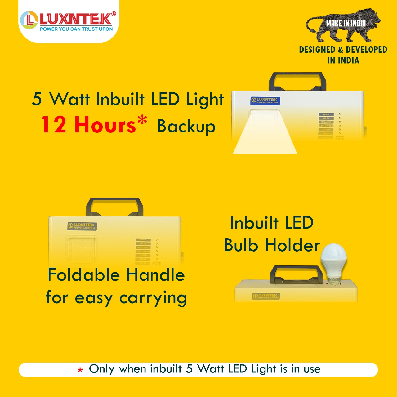 55W solar UPS with LED bulb backup, foldable handle and portable charging design