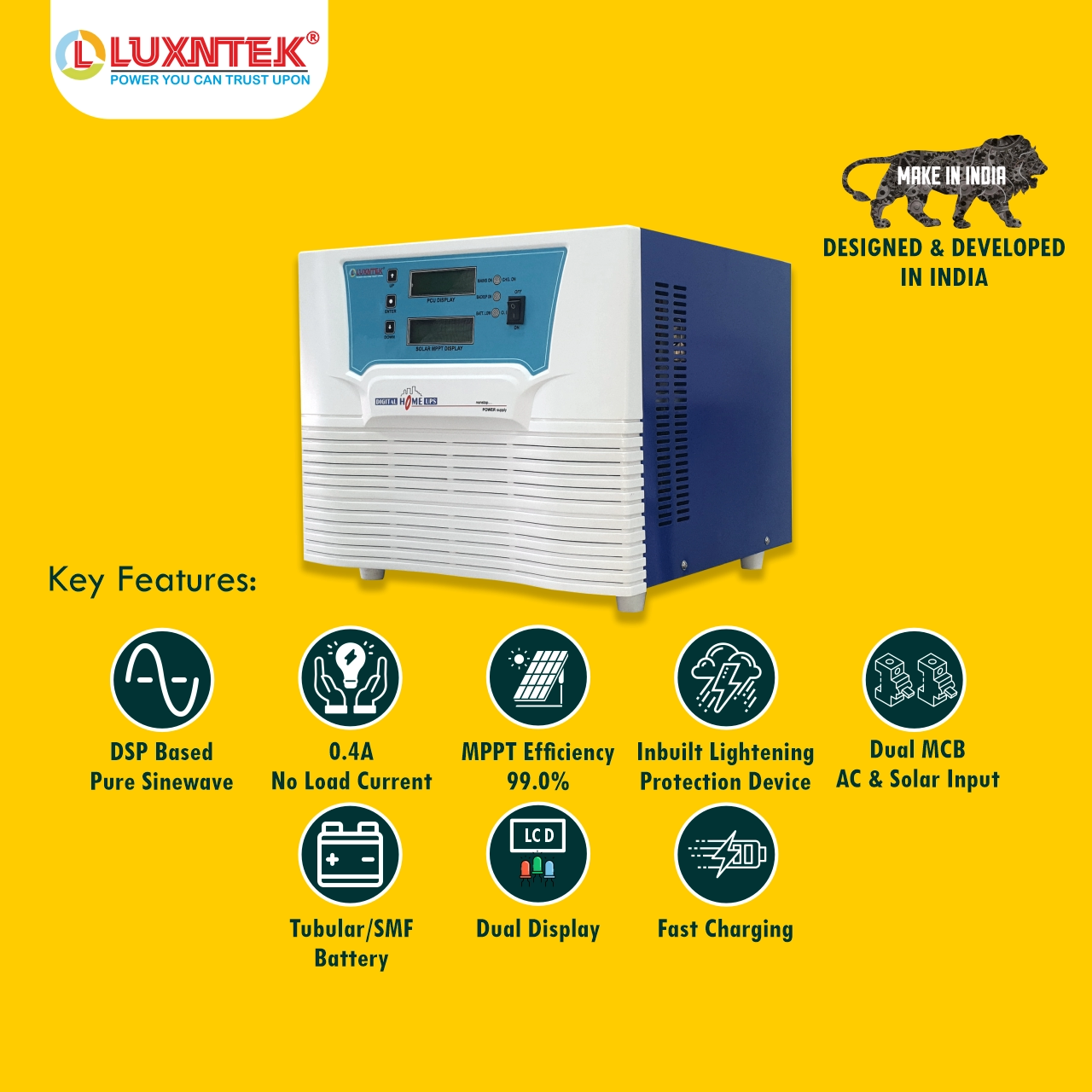 Luxntek Solar MPPT PCU 1kW 12V inverter 60 ampere charge controller