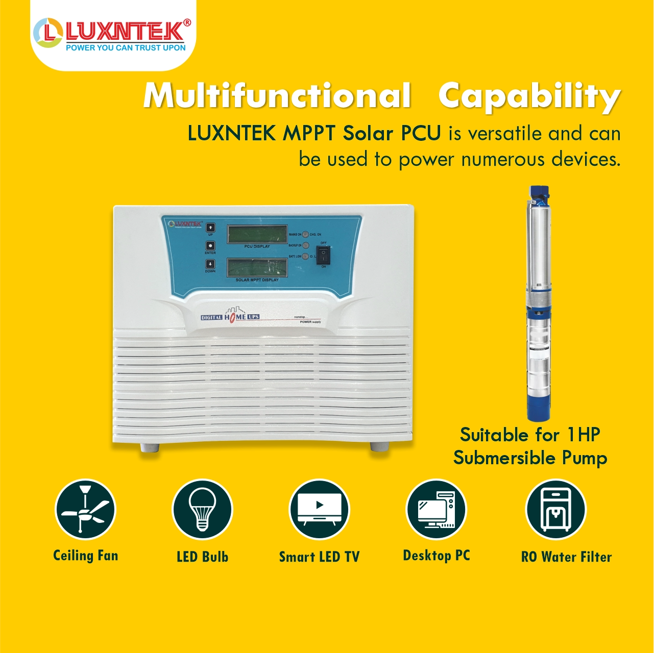 Bottom view Luxntek Solar MPPT PCU 2kW 24V inverter