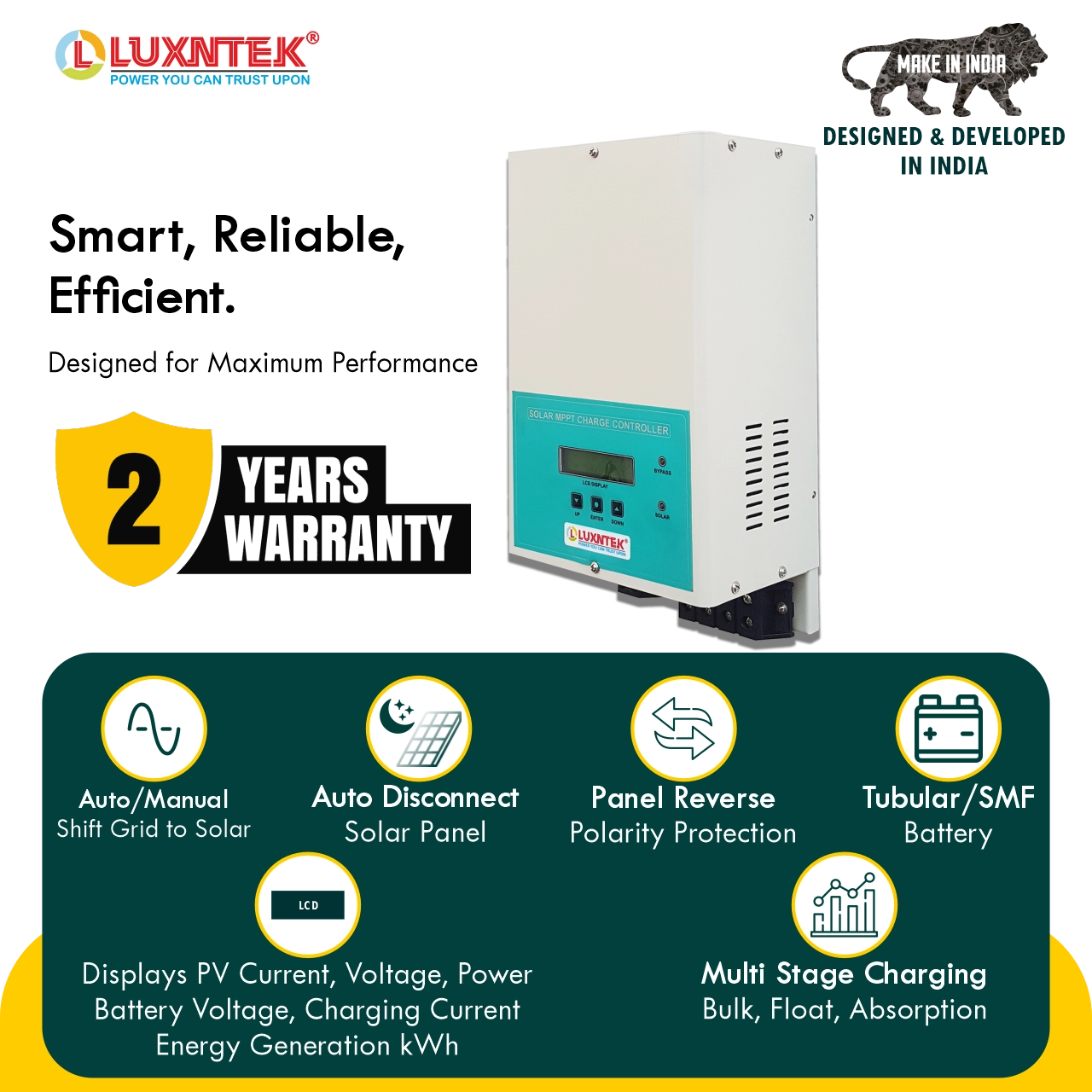 Luxntek MPPT Solar Charge Controller with smart battery management and 2 year warranty