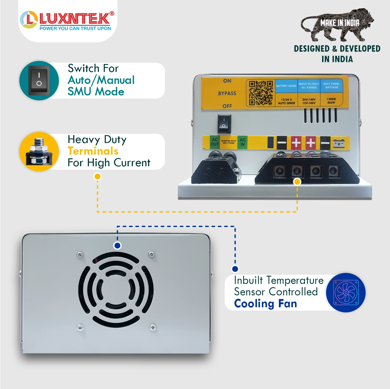 Luxntek High Voc MPPT Solar Charge Controller rear panel and cooling fan design
