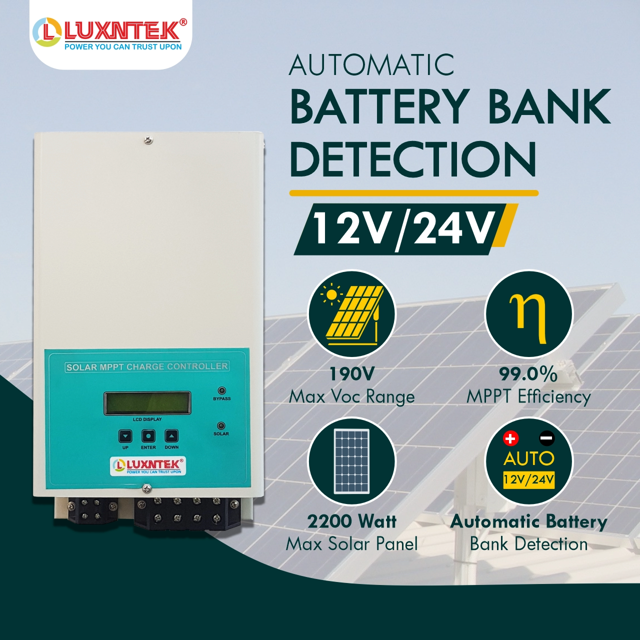 Luxntek MPPT Solar Charge Controller automatic battery bank detection for 12V and 24V systems